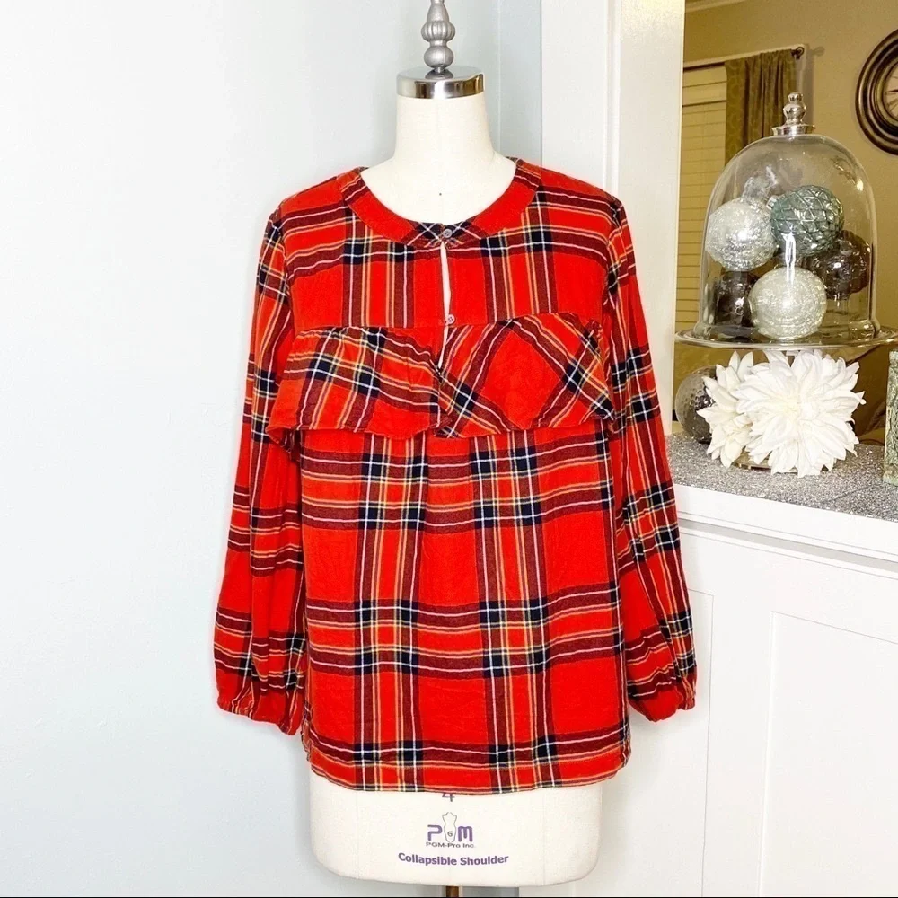 J. Crew Plaid Ruffled Top in Festival Red Small - Picture 5 of 12